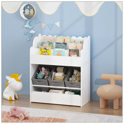 Kids Bookshelf with Storage Bins and Drawer, Multi-Functional Wooden Book Organizer for Toddlers, White Bookcase for Toys, Books and Nursery Room