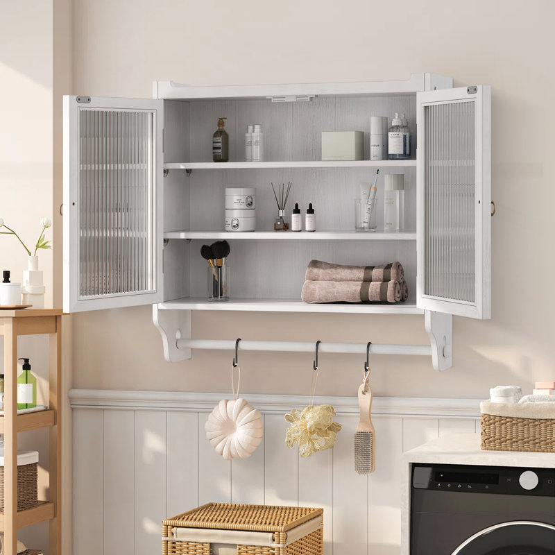 24.8 Inch Vintage Wall Mounted Glass Cabinet, 3-Tier Bathroom Kitchen Storage Cabinet With Towel Rack