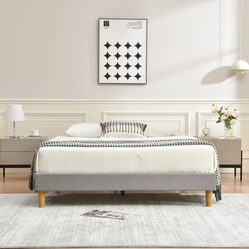 Lit plateforme en tissu d'ameublement, gris, Double