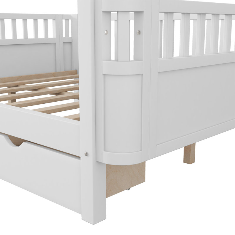 Full Size Wood Platform Bed with Storage Drawers, Low Profile Kids Bed with Safety Rails and Patented Design, White Finish for Boys and Girls Room