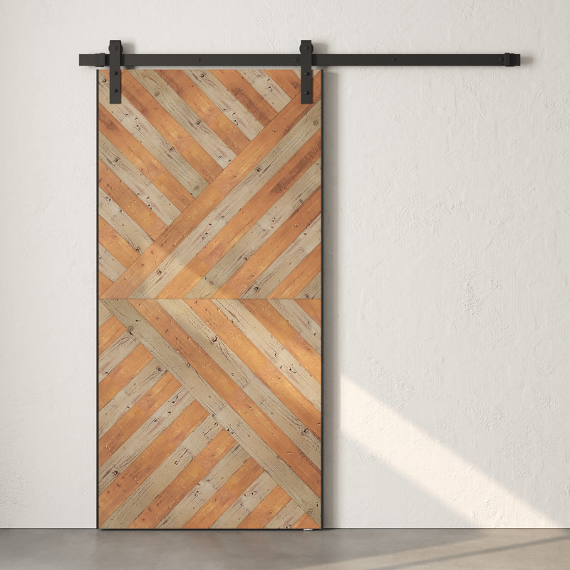 Porte de grange en bois massif Malibu teintée avec trousse de quincaillerie d'installation, 42 po x 96 po, Gris céleste