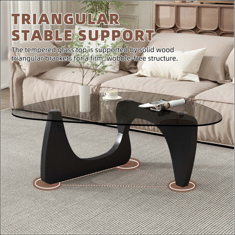 Table basse moderne en verre avec base noire et design Mid-Century, H 16 po x l 32,3 po x P 23 po, Brun et noir