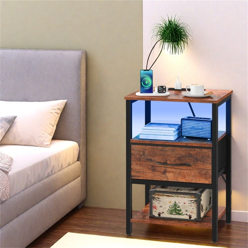 Modern LED Nightstand With Charging Station & Adjustable Fabric Drawer, Brown