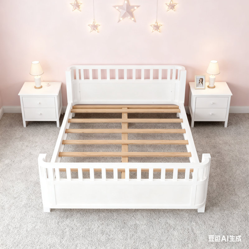 Lit plateforme double en bois pour enfants, lit double en bois à profil bas avec rails pour filles et garçons, blanc (conception brevetée)