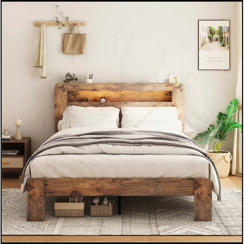 King Size Wooden Bed Frame with Storage, LED Light Headboard, USB Ports, and Easy Assembly, Dark Brown