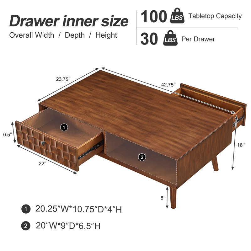 Table basse en bois avec tiroir caché et tablette ouverte Farmhouse
