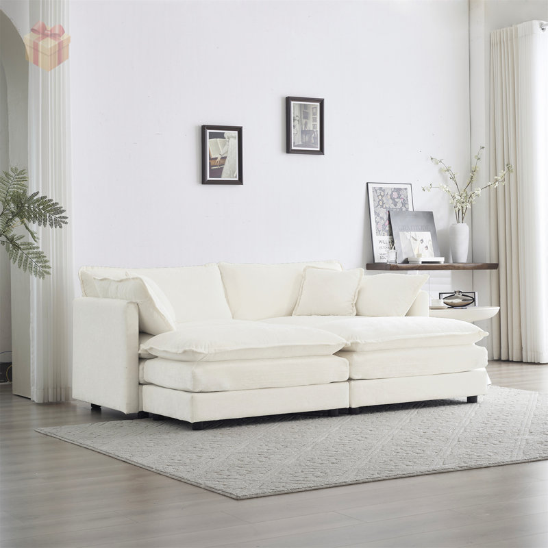 Canapé modulaire rembourré 4 pièces avec 2 places et 2 repose-pieds, chenille beige, parfait pour les salons confortables et élégants