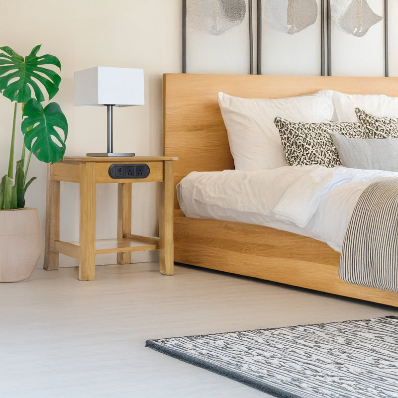 SOLID WOOD END-TABLE/NIGHTSTAND  WITH CHARGING STATION, TWO POWER OUTLETS & USB TYPE-A, TYPE-C CHARGING PORTS, Natural Wood