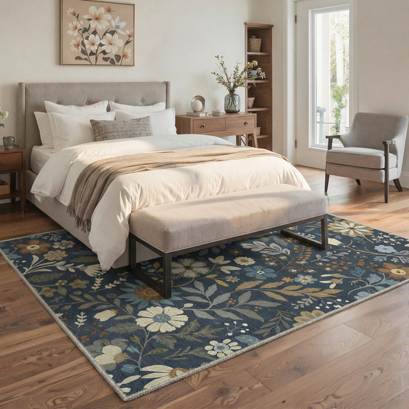 Aazad Botanical Floral Machine Washable Blue / Green / Beige Indoor Area Rug with Non-Slip Backing, Rectangle 9' x 12'