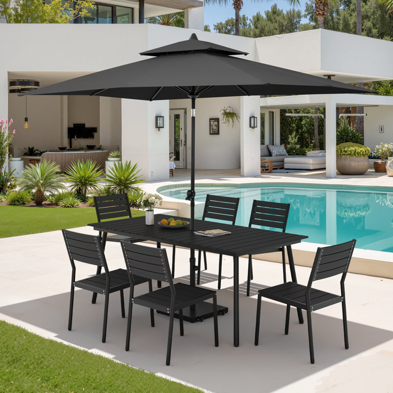 Ensemble repas pour 6 personnes en aluminium avec chaises empilables, parasol de patio et base lestée, Noir, Noir
