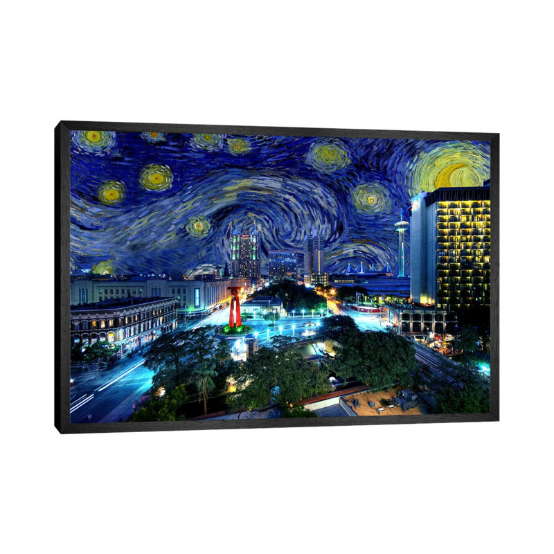 San Antonio, Texas Starry Night Skyline - Print on Canvas, 101.6 cm H x 66.04 cm W, Black Framed