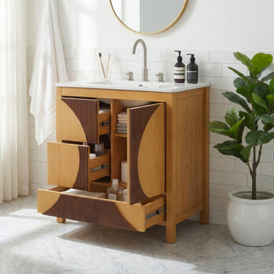 Solid Wood Bathroom Vanity with Integrated Sink & Soft-Close Doors, Freestanding Modern Wood Cabinet with Drawer & Open Storage