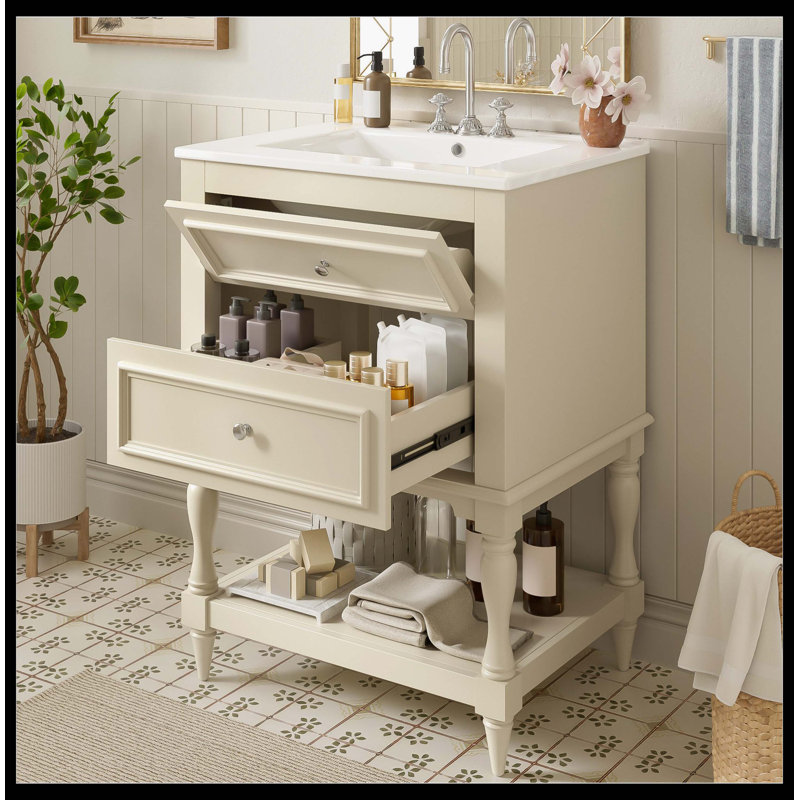 Meuble-lavabo 24 po avec lavabo en céramique, armoire de rangement avec tablette ouverte et 2 tiroirs 24 po, Beige