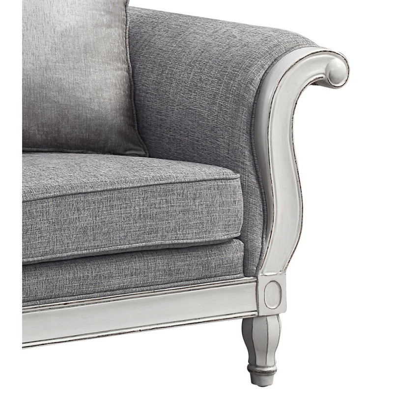 Causeuse Florian en tissu gris et blanc antique avec 3 coussins