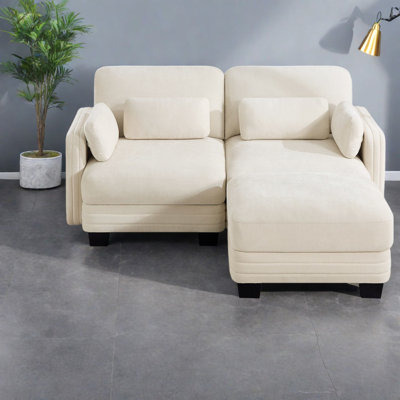 Canapé d'angle modulaire à compression, canapé beige en chenille avec pouf, style moderne