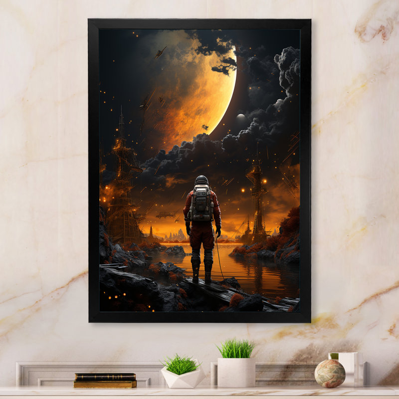 Art noir de la planète noire, "Odyssée perdue II", Cadre simple noir, H 20 po x l 12 po x P 1 po