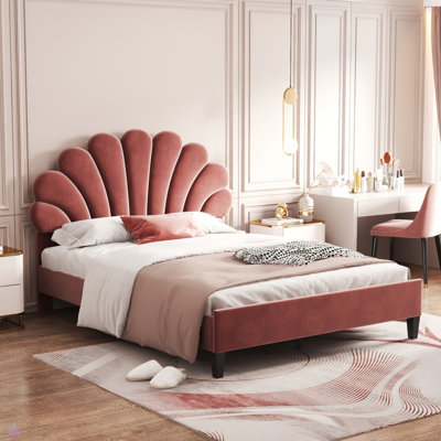 Lit plateforme tapissier avec tête de lit en velours à motif floral