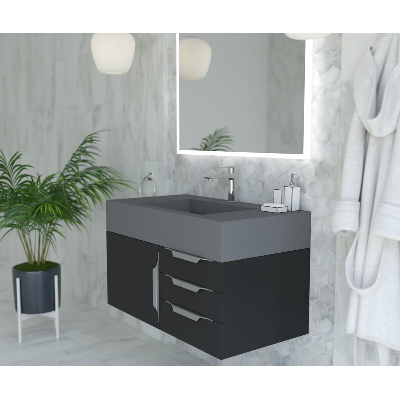 Modern 36" Wall-Mounted Single Bathroom Vanity Set with Mirror, Brushed Nickel, Black, Black