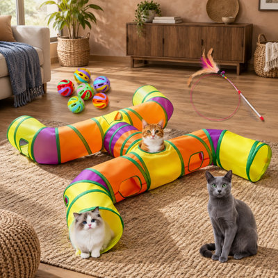 Ce grand tunnel multicolore en forme de H à 4 voies est conçu pour les chats d'intérieur, les chatons, les chiots et les lapins. Il est équipé de balles de jeu interactives et d'un trou d'observation.