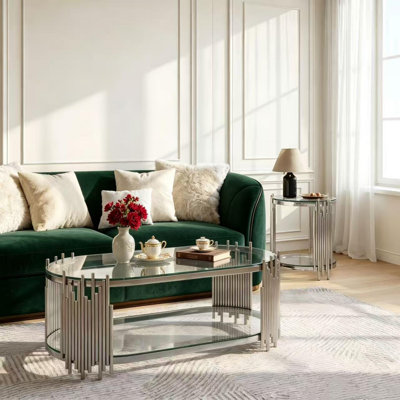 Ensemble de 2 tables basses et tables de bout gigognes, tables d'appoint ovales en verre trempé de luxe moderne avec structure en métal à tige verticale, finition chrome poli pour le bureau du salon