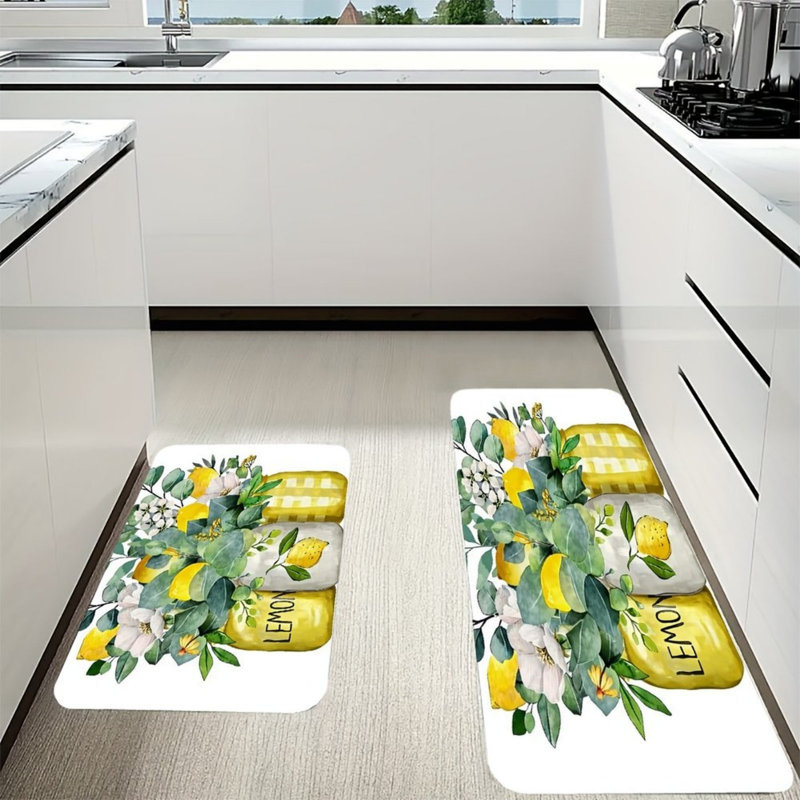 Yellow Mason Jar Lemon Kitchen Mats,2 Pack,For Kitchen & Entryway
