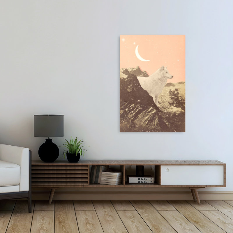 Lune de montagne au clair de lune surréel, paysage loup contemporain contemporain, impression d'art mural, 48" H x 32" W