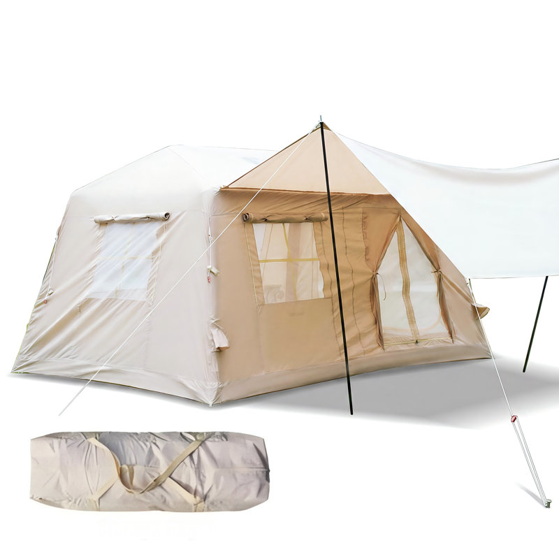 Tente de camping gonflable 4 saisons Oxford 9 pi x 13 pi Beige avec auvent et pompe à main (4 à 8 personnes)