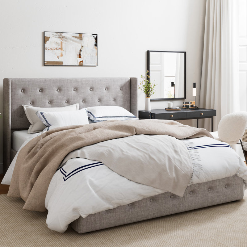 Albertien Lift Up Wingback Upholstered Platform Bed, Queen, Beige