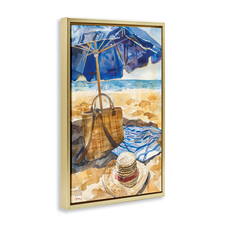 Cadre flottant Coast Of Watercolor Beach, design par LSR Design Studio, H 25 po x l 17 po, Cadre flottant métallique doré