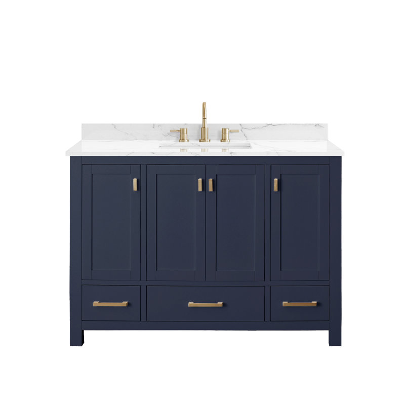 Modero 48" Single Bathroom Vanity with Top, Navy Blue, Cala White Marble, Gold
