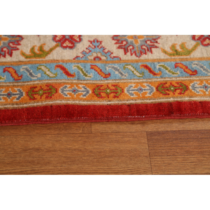 Tapis rouge / gris / crème en laine noué à la main de conception unique 6 pi 7 po x 9 pi 9 po New Age