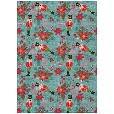 Machine Washable Indoor/Outdoor Christmas Nutcracker Xhevrie Teal Rug