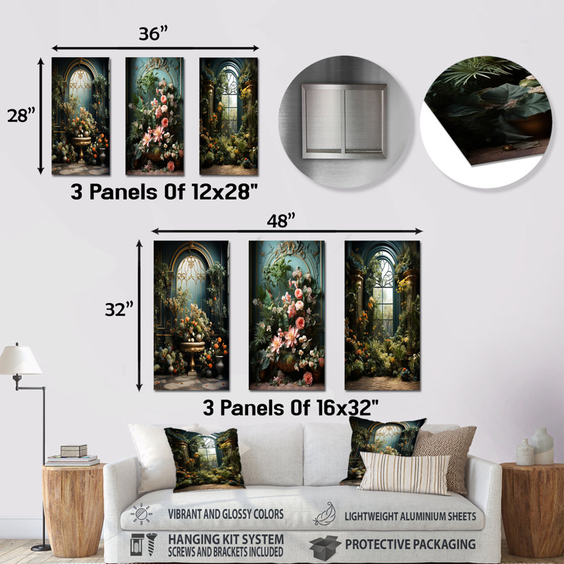 Fleur, feuillage, jardins ornés - ensemble de 3 reproductions d'art en métal sur plantes, H 28 po x l 36 po