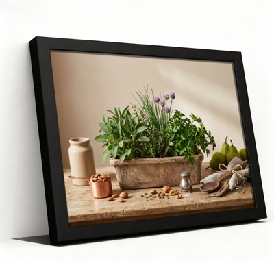 Toile noire encadrée en bois noir pour salon, chambre à coucher, bureau ou vestibule - décoration murale décorative avec jardin de fines herbes