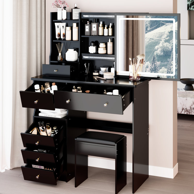 Left Drawer 37" Vanity Table With Cushioned Stool, Sliding Touch - Enabled Tri Color Led Mirror And Abundant Storage For Large Areas Middle Size 37 Inch , Based High Capacity Big Spaces
