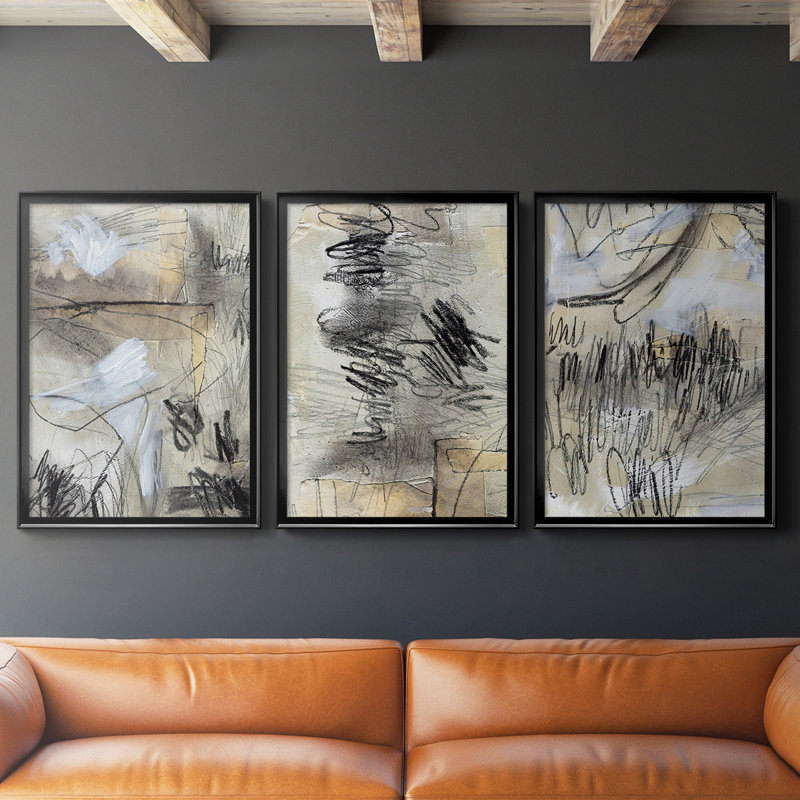 " Masked Notes I " 3 Piece Art Acrylic Painting, 30.5" H x 45" W x 2.5" D, Black Framed