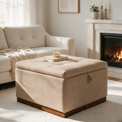 Pouf de rangement carré capitonné de 67 cm avec couvercle relevable et base en bois