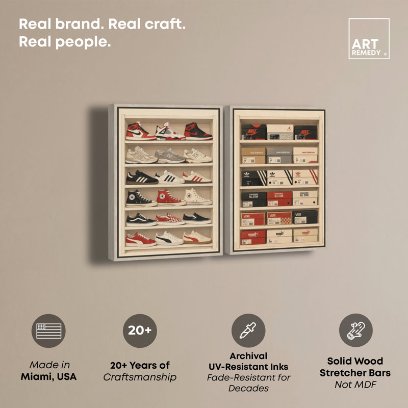 Collection élégante d'étagères à chaussures, toile encadrée, décoration murale pour chambre d'étudiant, par Art Remedy, cadre en chêne naturel, 36 x 54