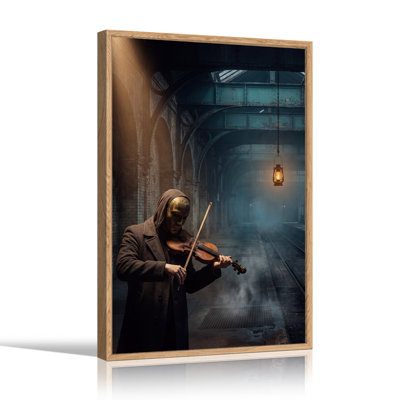 Violoniste masqué sous une lanterne dans une gare - Toile murale d'Halloween