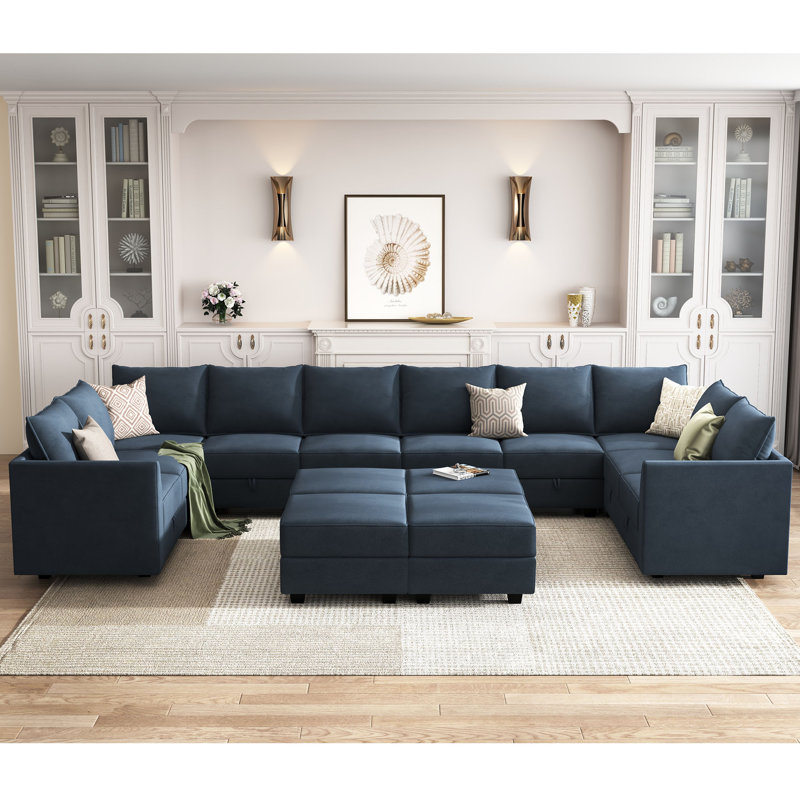 Canapé modulaire rembourré en velours avec repose-pieds Tremee, Velours bleu