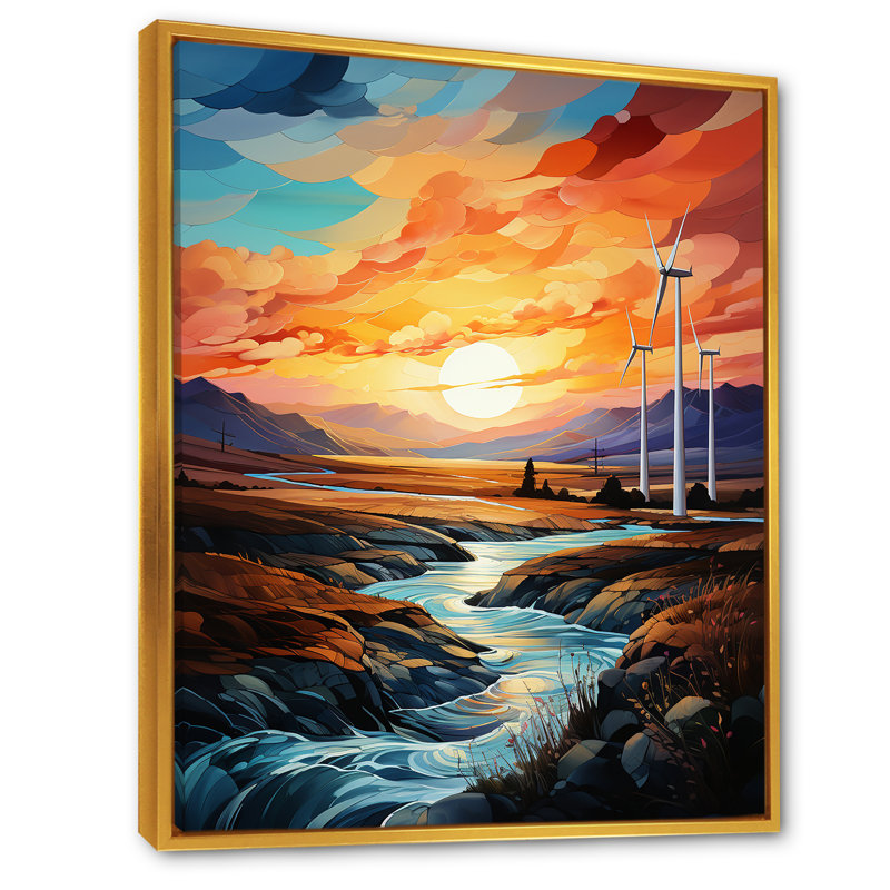 Wind Turbines Sunrise Valley I sur toile, Cadre flottant doré, H 20 po x l 12 po x P 1 po