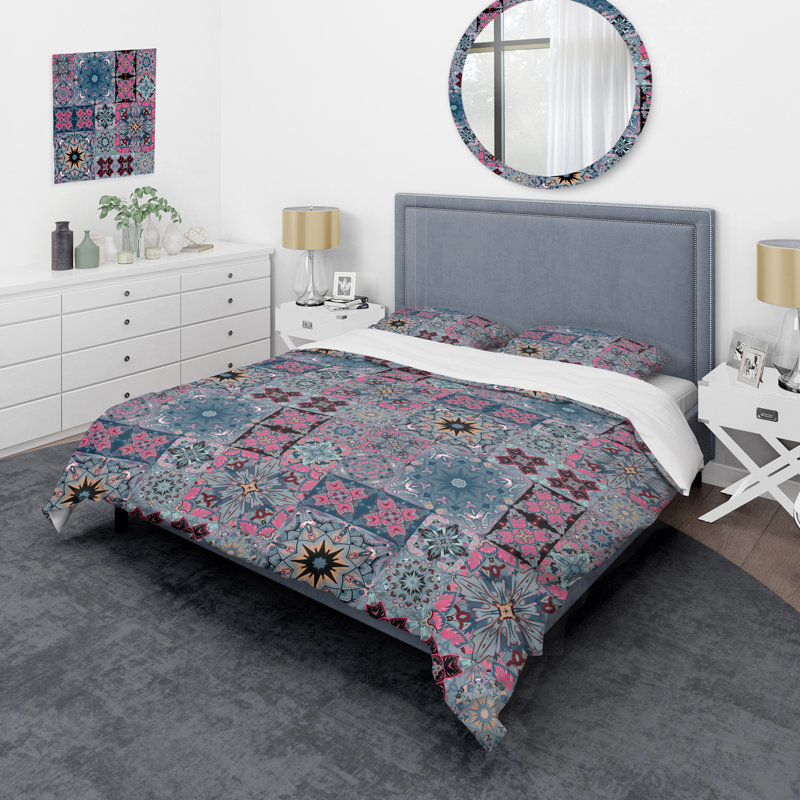 Blue Floral Patchwork - Ensemble de housse de couette à motif, Housse de couette simple + 1 taie décorative stan