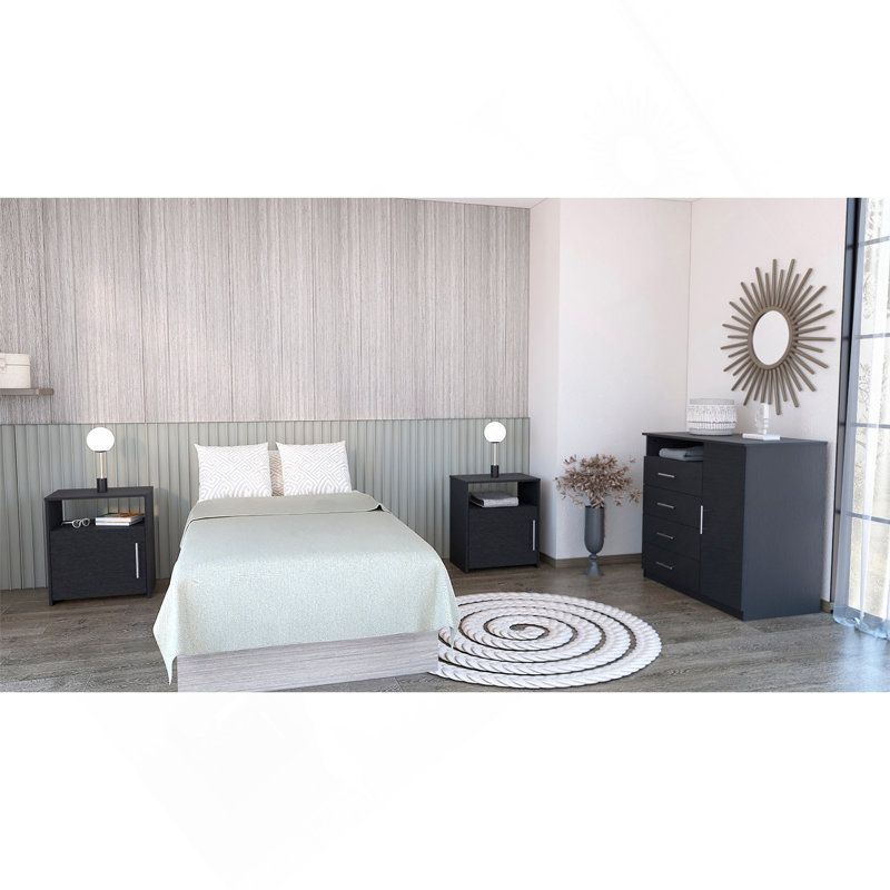 Ensemble de chambre à coucher 3 pièces, commode 4 tiroirs Rioja + 2 tables de chevet Omaha, noir