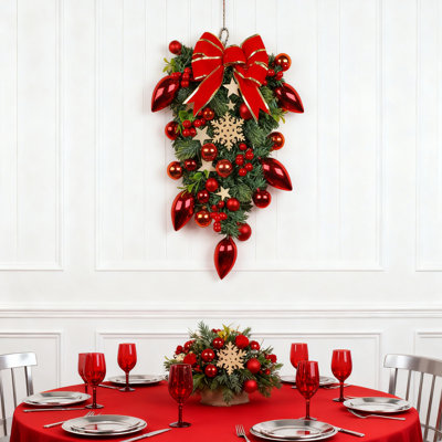 Artificial Christmas Swag, 20 Inch Teardrop Christmas Decoration Swag, Berry, Christmas Ball, Winter Pine Cypress Leaves Swag For Indoor Outdoor Window Wall Fireplace Holiday Christmas Decoration