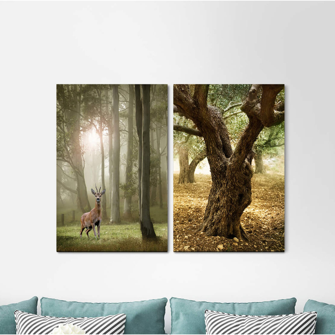 2-tlg. Leinwandbilder-Set - Fotografie „Deer Forest Spirit Old Tree Fairytale Nature Positive Energy”