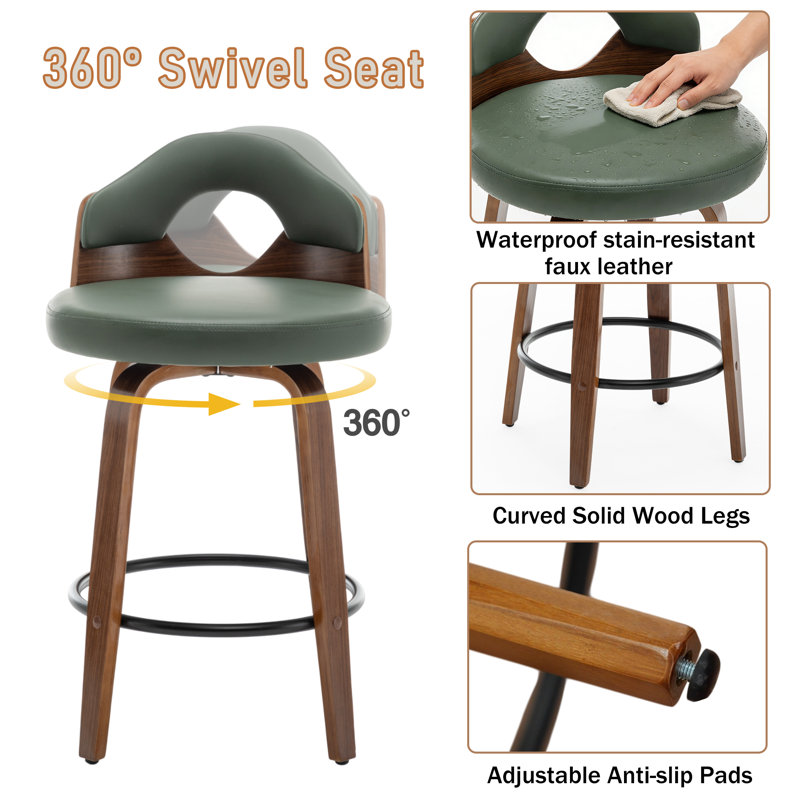 Leona Wooden Faux Leather Bar Stools, Counter Stool (25.2” Seat Height), Green