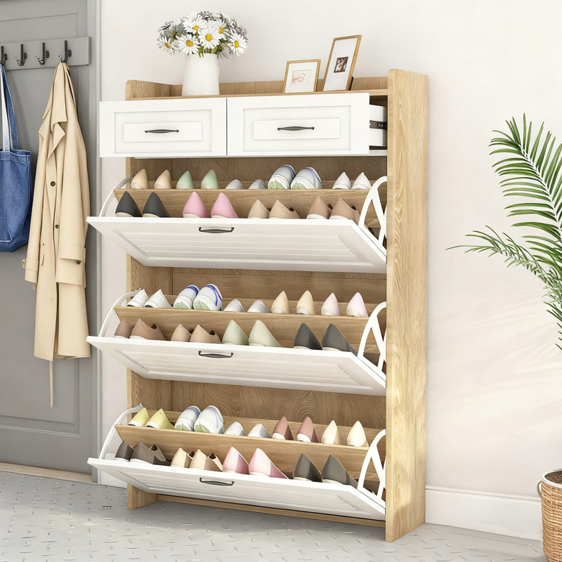 Multifunctional Narrow Flip-Flop Shoe Cabinet With 3 Doors And 2 Drawers, Freestanding Shoe Cabinet With Adjustable Dividers, For Entrance Halls And Corridors