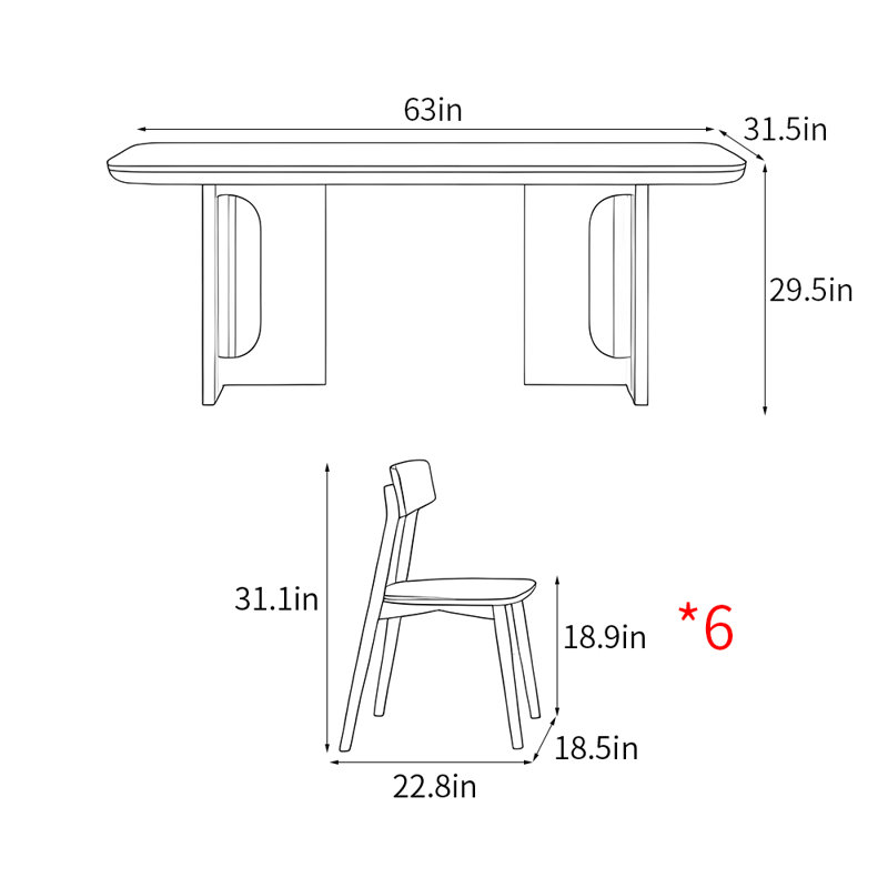 Casual simple rectangular dining table set, 29.5"H x 63"L x 31.5"W