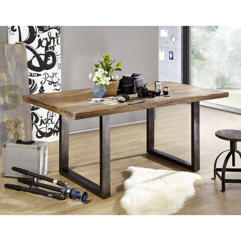 Railway Mango Rectangular Wood Top Dining Table with Stainless Steel Base, Ecru, H76 x L180 x W90cm