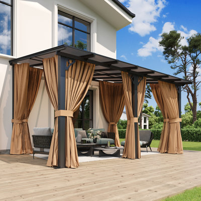 14' × 10' Wall-Mounted Hardtop Gazebo with Polycarbonate Roof and Detachable Privacy Curtains